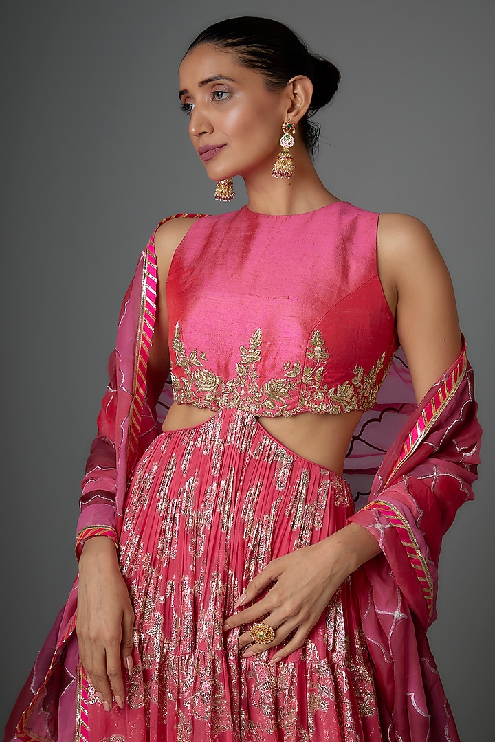 Pink Silk & Brasso Zardosi Embroidered Wedding Anarkali Set by Kriti Bapna at Pernia's Pop Up Shop
