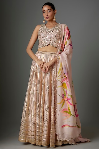 Peach Silk Gota Embroidered Lehenga Set by Kriti Bapna