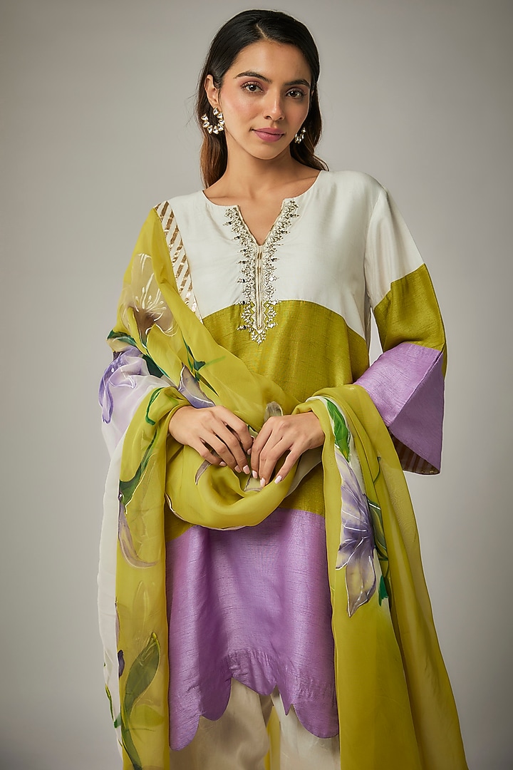 Multi-Colored Silk Mirror Embroidered Kurta Set by Kriti Bapna at Pernia's Pop Up Shop