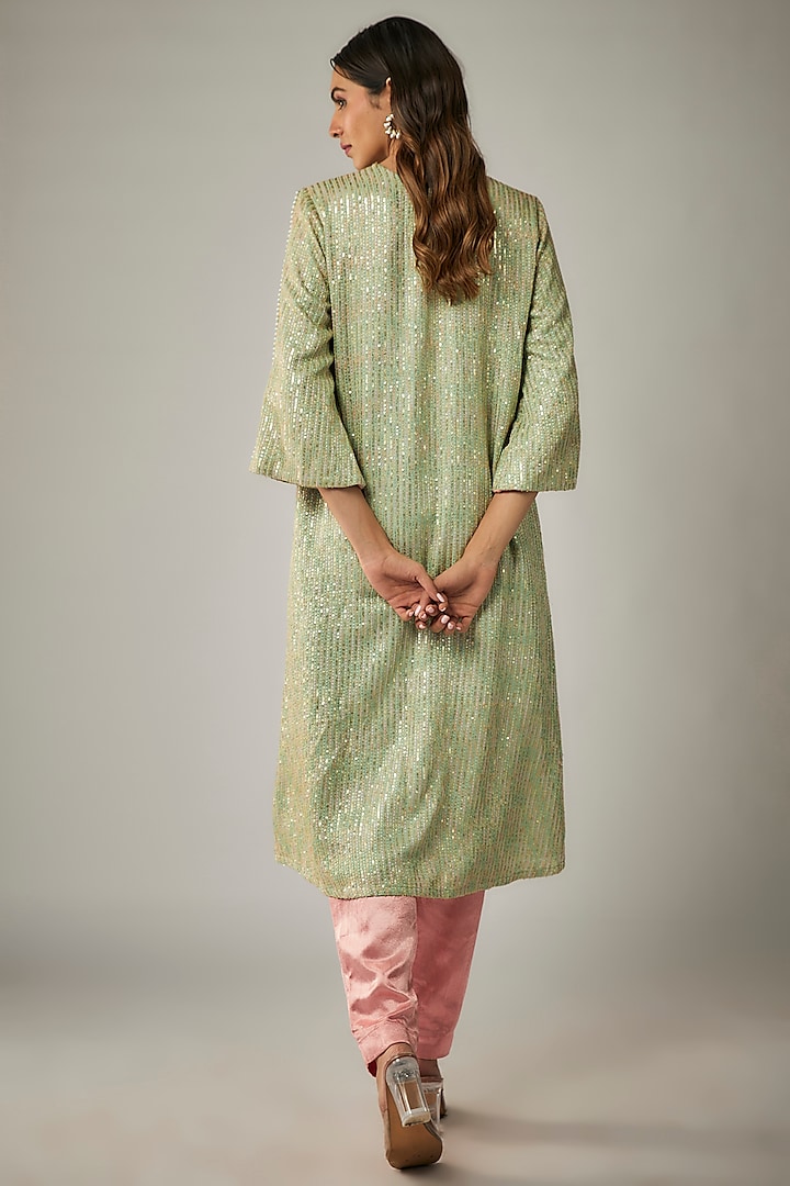 Green Silk Sequins Embroidered Kurta Set by Kriti Bapna at Pernia's Pop Up Shop