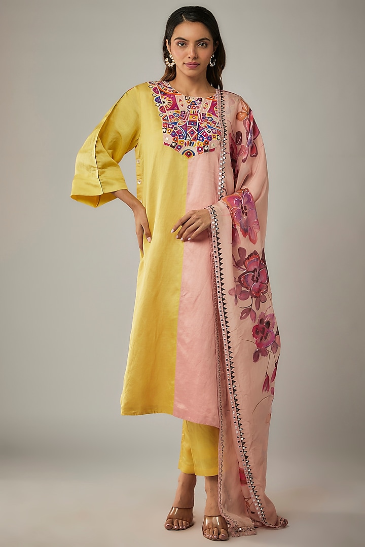 Yellow & Pink Cotton Satin Embroidered Kurta Set by Kriti Bapna