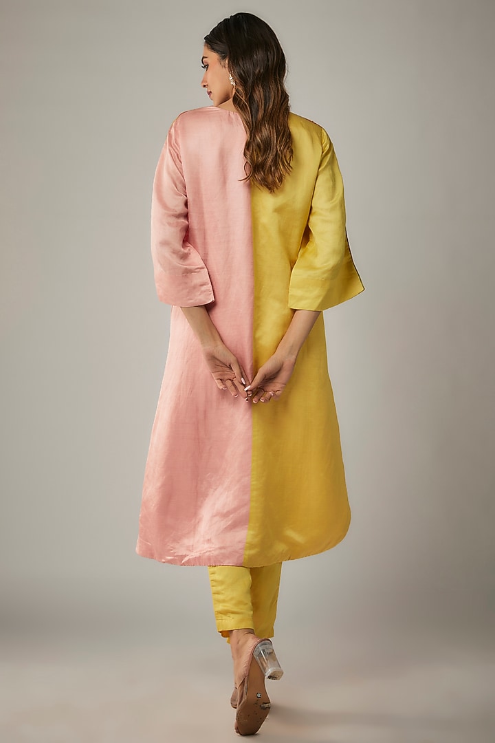 Yellow & Pink Cotton Satin Embroidered Kurta Set by Kriti Bapna at Pernia's Pop Up Shop