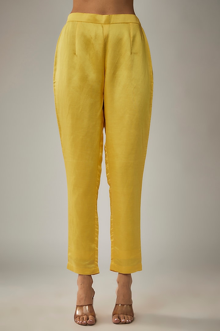 Yellow & Pink Cotton Satin Embroidered Kurta Set by Kriti Bapna at Pernia's Pop Up Shop