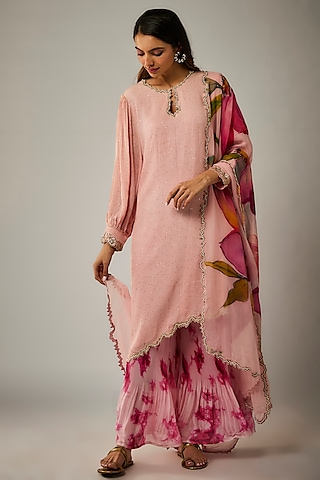 Pink Crepe Asymmetrical Mirror Embroidered Kurta Set by Kriti Bapna