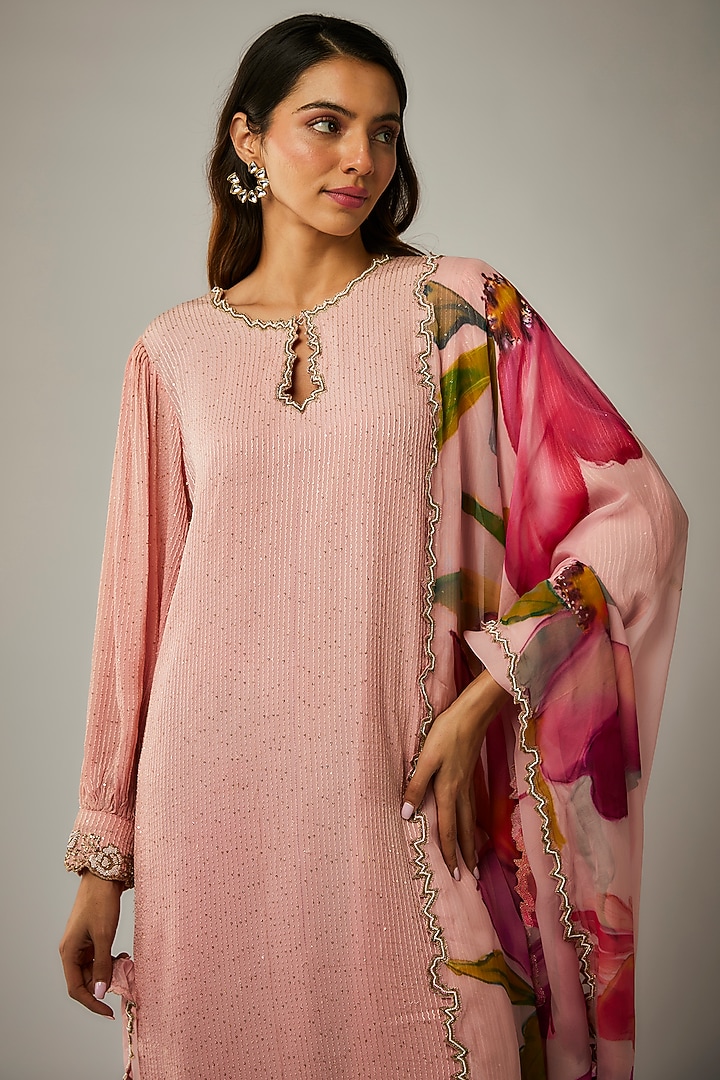 Pink Crepe Asymmetrical Mirror Embroidered Kurta Set by Kriti Bapna at Pernia's Pop Up Shop