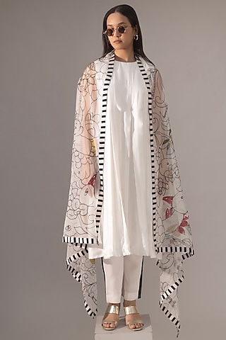 White Satin Dupion Pleated Kurta Set by Kriti Bapna