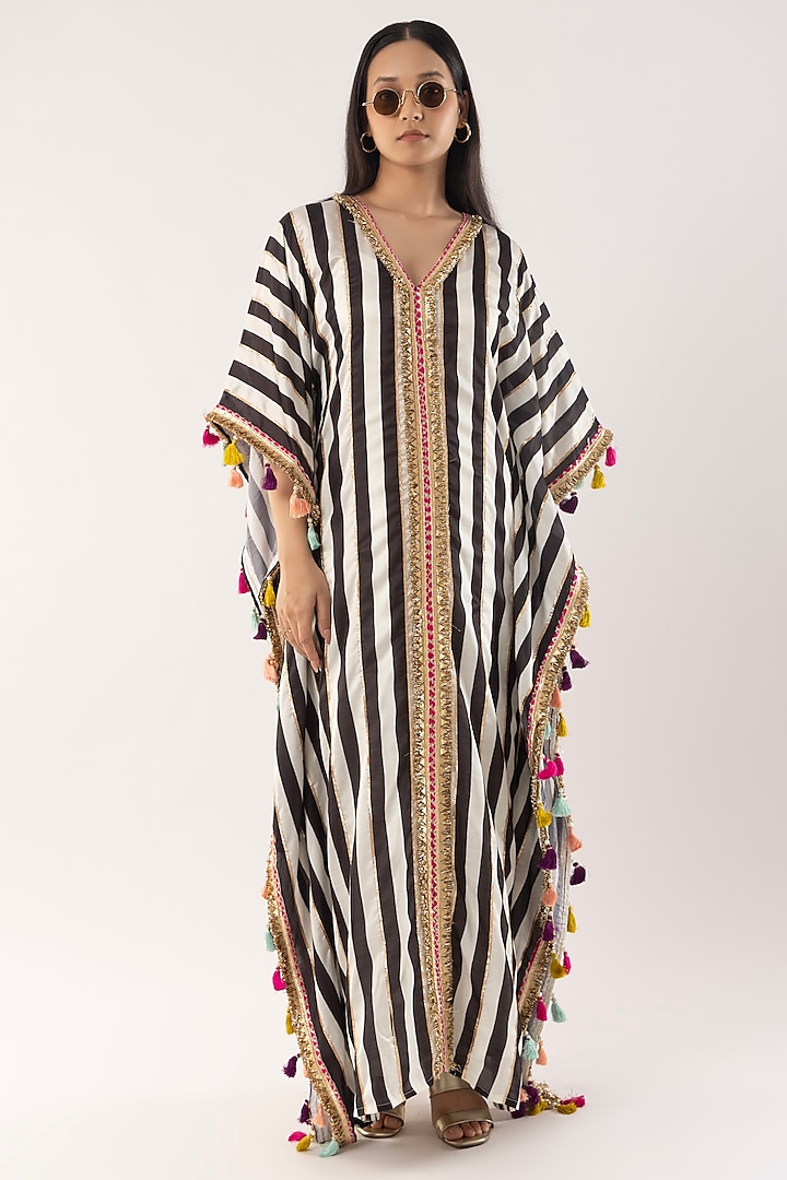 Ivory Cotton Satin Striped Kaftan by Kriti Bapna at Pernia's Pop Up Shop