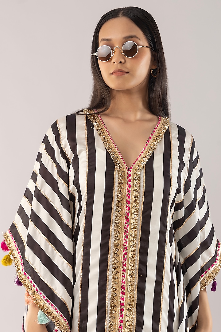 Ivory Cotton Satin Striped Kaftan by Kriti Bapna at Pernia's Pop Up Shop