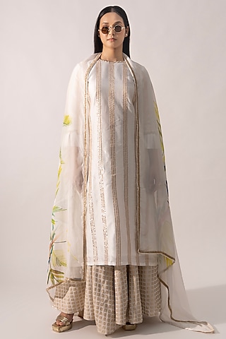 Ivory Dupion Kurta Set by Kriti Bapna