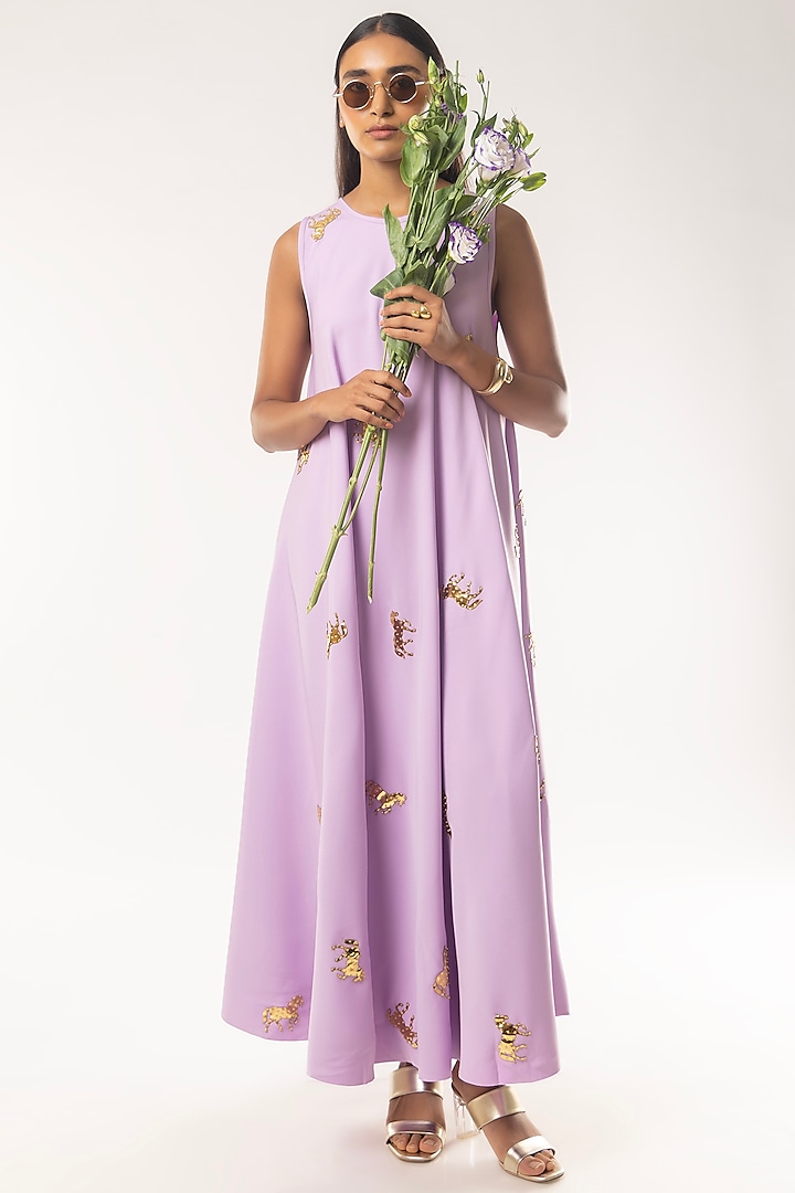 Purple Imported Moss Crepe Animal Embroidered Flared Dress by Kriti Bapna at Pernia's Pop Up Shop