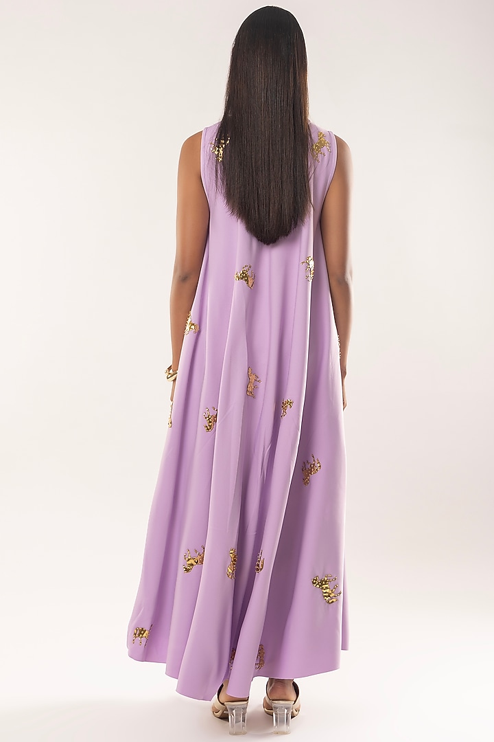 Purple Imported Moss Crepe Animal Embroidered Flared Vacation Dress by Kriti Bapna at Pernia's Pop Up Shop