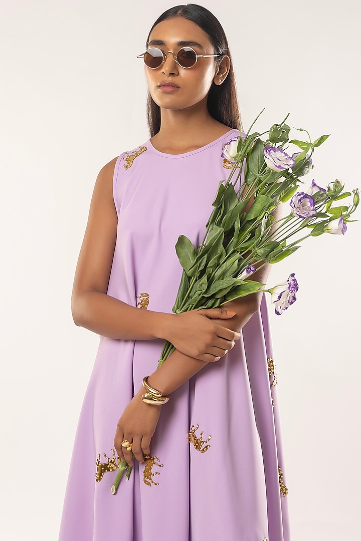 Purple Imported Moss Crepe Animal Embroidered Flared Vacation Dress by Kriti Bapna at Pernia's Pop Up Shop