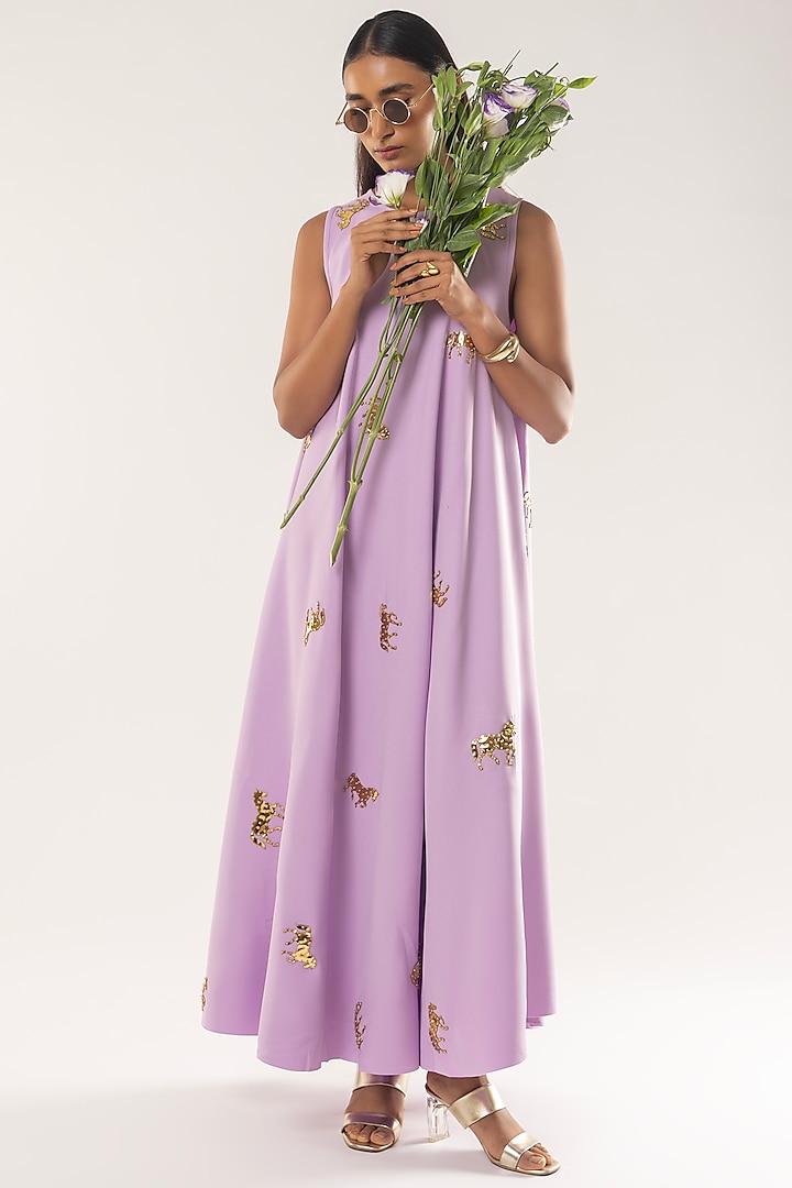 Purple Imported Moss Crepe Animal Embroidered Flared Vacation Dress by Kriti Bapna at Pernia's Pop Up Shop
