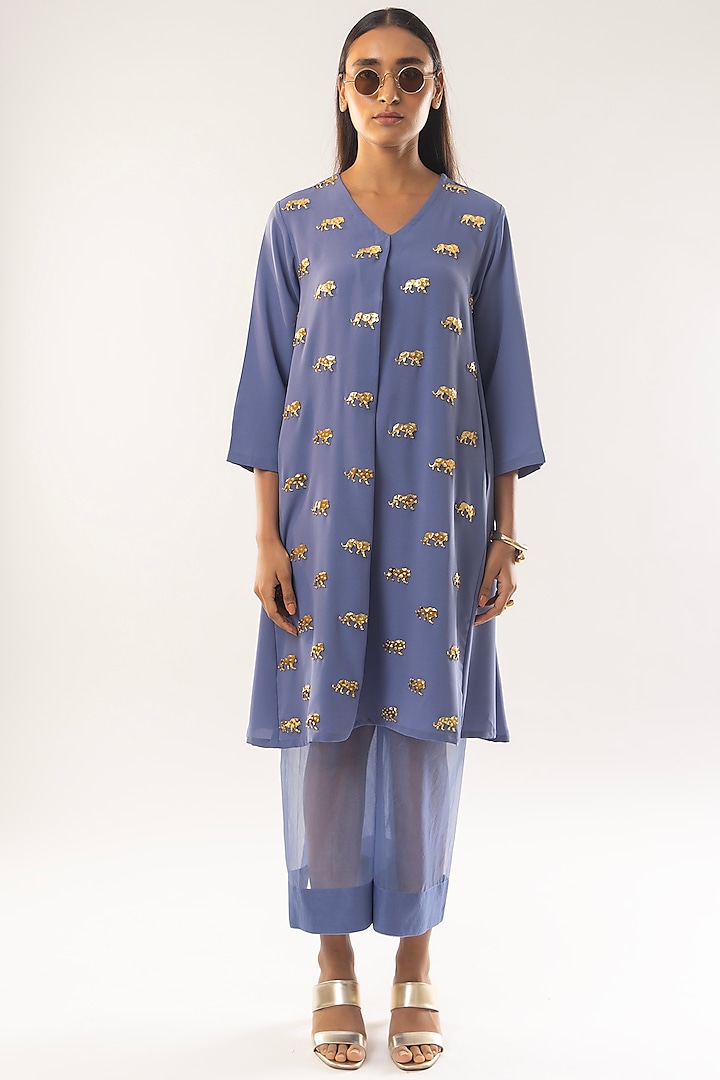 Blue Moss Crepe Animal Motif Kurta Set by Kriti Bapna at Pernia's Pop Up Shop