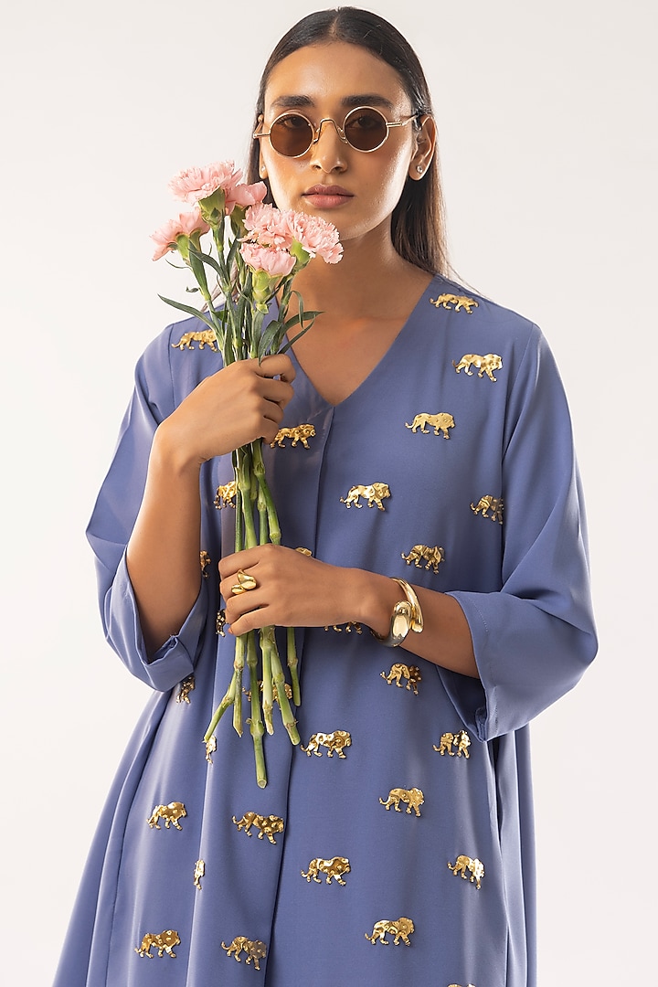 Blue Moss Crepe Animal Motif Kurta Set by Kriti Bapna at Pernia's Pop Up Shop