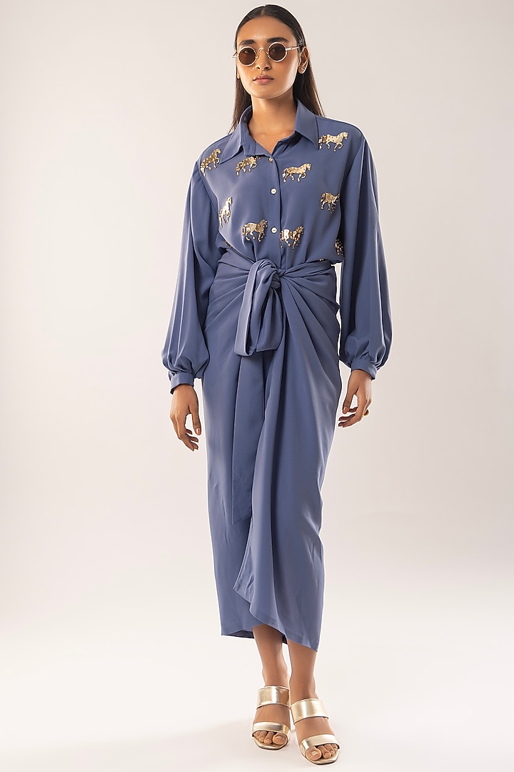 Blue Moss Crepe Tie-Up Skirt Set by Kriti Bapna at Pernia's Pop Up Shop