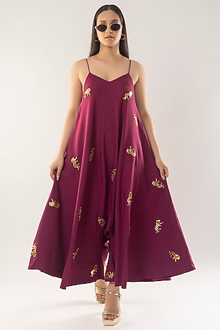 Wine Moss Crepe Animal Motif Jumpsuit by Kriti Bapna