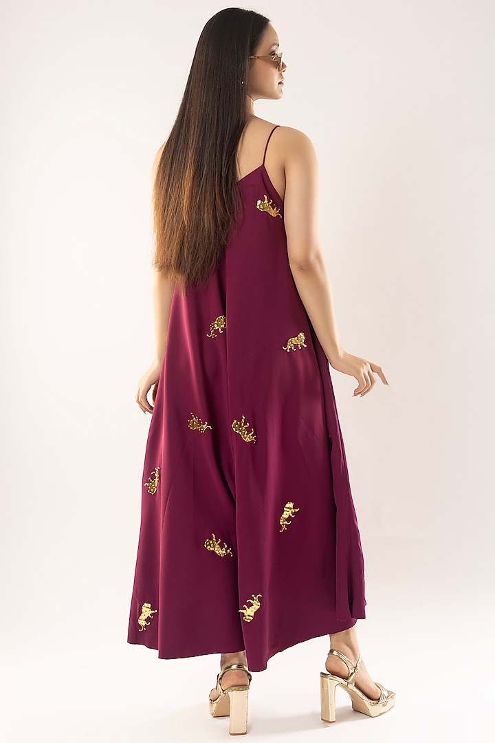 Wine Moss Crepe Animal Motif Jumpsuit by Kriti Bapna at Pernia's Pop Up Shop