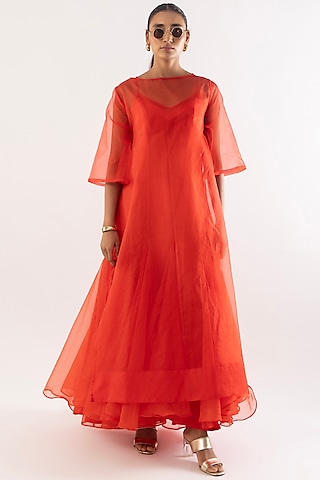 Orange Organza Flared Kurta With Dress by Kriti Bapna