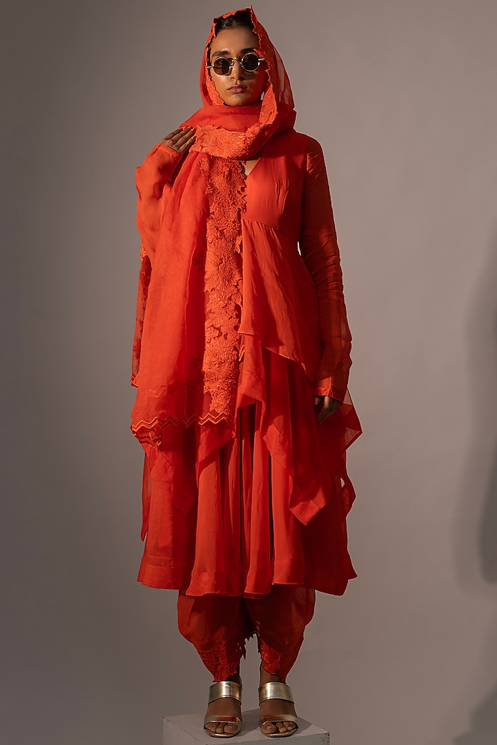 Orange Viscose Layered Kurta Set by Kriti Bapna at Pernia's Pop Up Shop