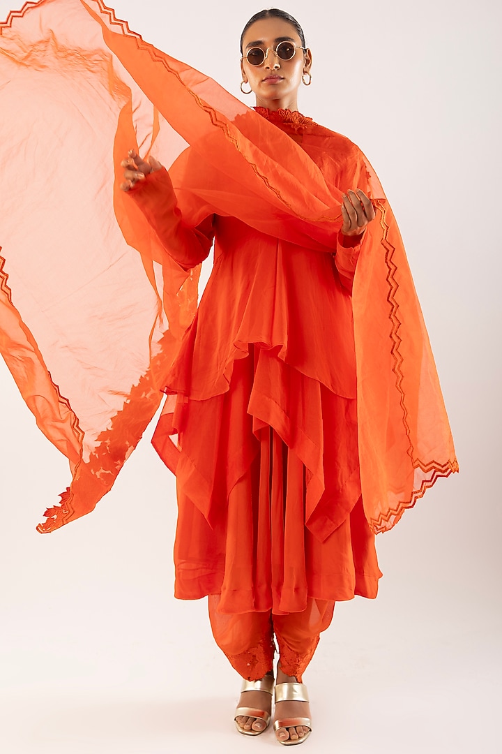 Orange Viscose Layered Kurta Set by Kriti Bapna at Pernia's Pop Up Shop
