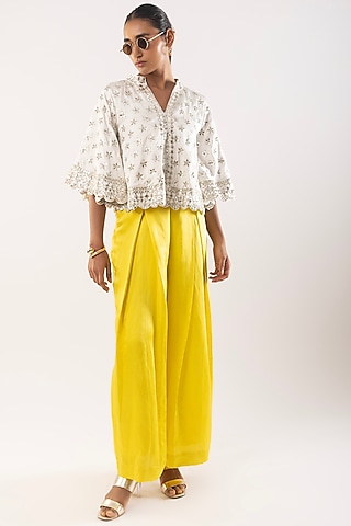 Ivory Satin Dupion Mirror Embroidered Cape Set by Kriti Bapna