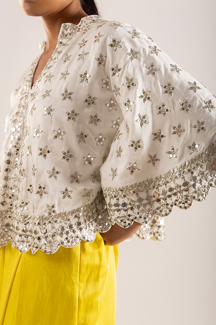 Ivory Satin Dupion Mirror Embroidered Cape Set by Kriti Bapna at Pernia's Pop Up Shop
