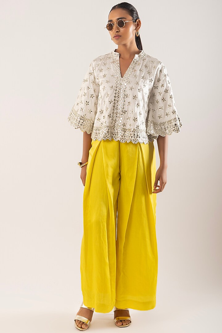 Ivory Satin Dupion Mirror Embroidered Cape Set by Kriti Bapna at Pernia's Pop Up Shop