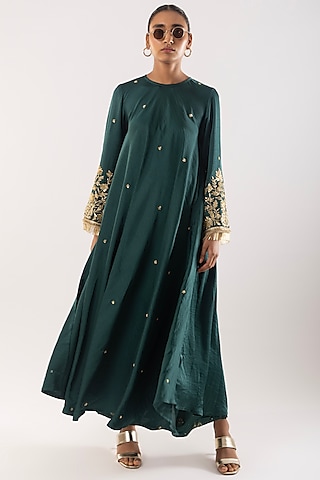 Green Satin Zardosi Embroidered Kurta Set by Kriti Bapna