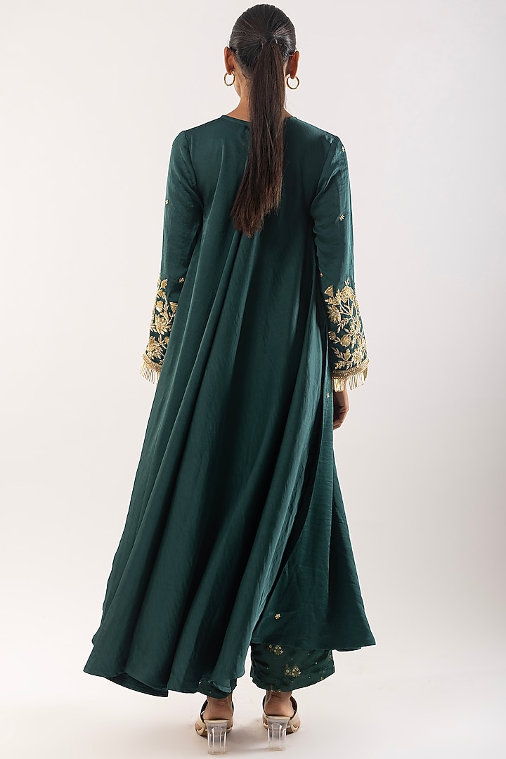 Green Satin Zardosi Embroidered Kurta Set by Kriti Bapna at Pernia's Pop Up Shop