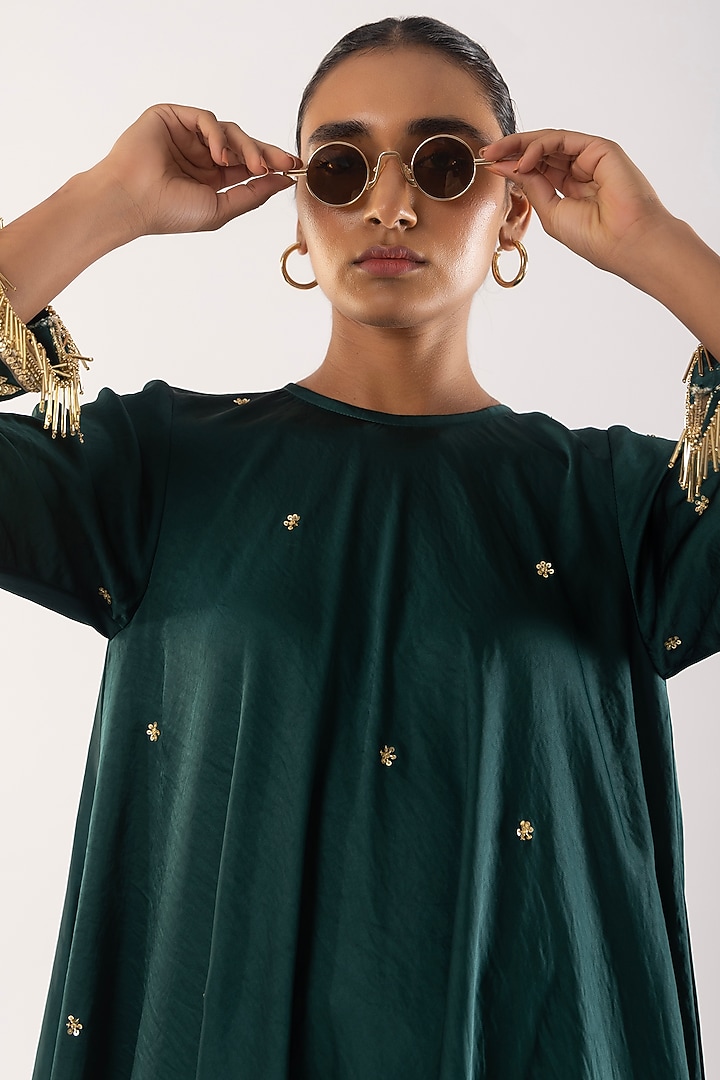 Green Satin Zardosi Embroidered Kurta Set by Kriti Bapna at Pernia's Pop Up Shop