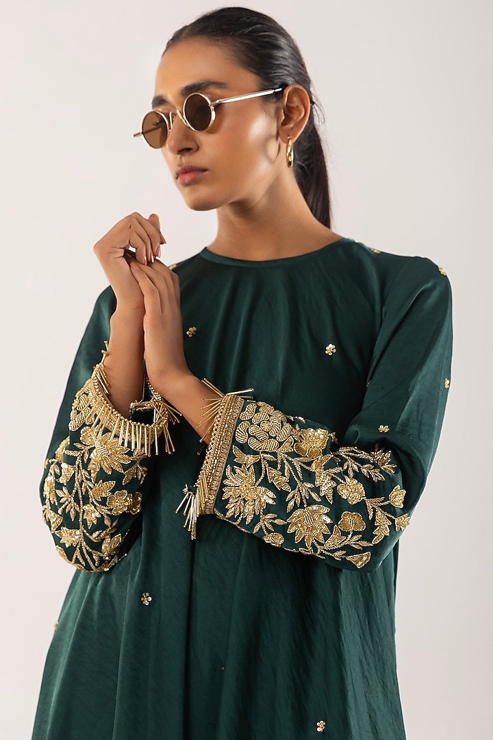 Green Satin Zardosi Embroidered Kurta Set by Kriti Bapna at Pernia's Pop Up Shop