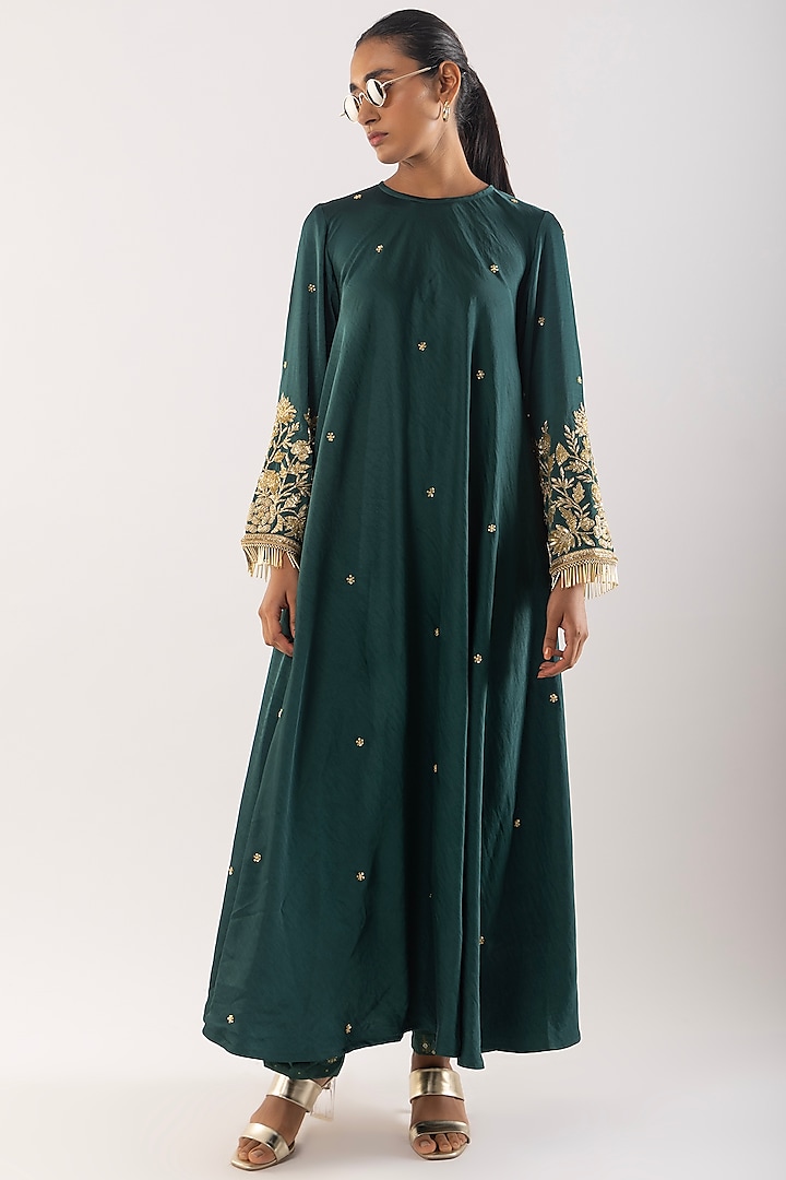 Green Satin Zardosi Embroidered Kurta Set by Kriti Bapna at Pernia's Pop Up Shop