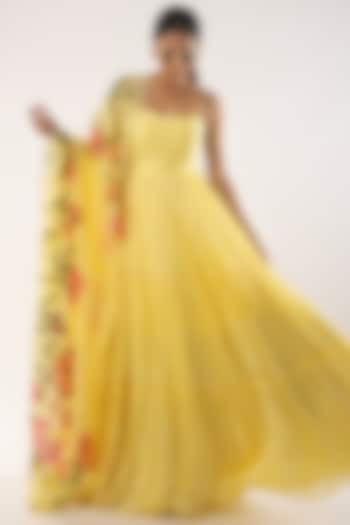 Yellow Viscose Organza Zardosi Embroidered Tiered Anarkali Set by Kriti Bapna at Pernia's Pop Up Shop