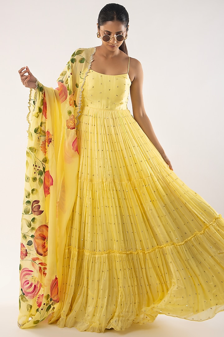 Yellow Viscose Organza Zardosi Embroidered Tiered Anarkali Set by Kriti Bapna at Pernia's Pop Up Shop