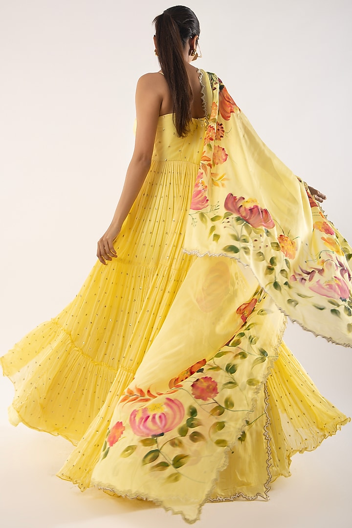 Yellow Viscose Organza Zardosi Embroidered Tiered Party Wear Anarkali Set by Kriti Bapna at Pernia's Pop Up Shop
