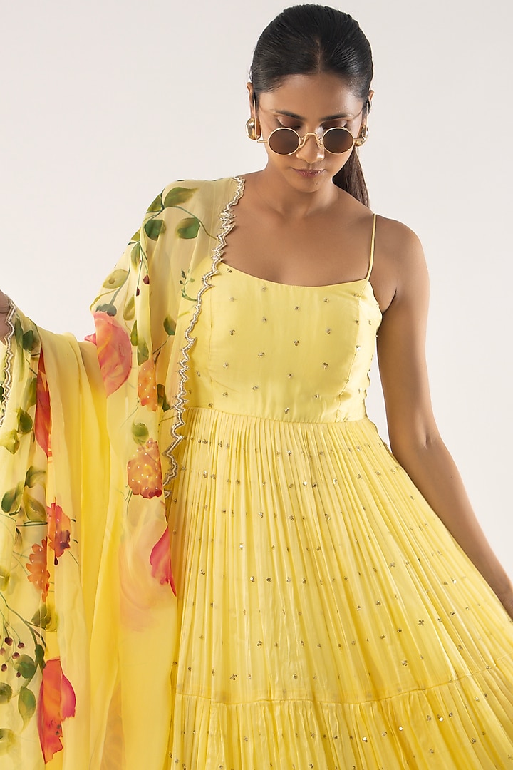 Yellow Viscose Organza Zardosi Embroidered Tiered Party Wear Anarkali Set by Kriti Bapna at Pernia's Pop Up Shop
