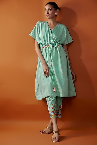 Mint Green Cotton Satin Floral Printed Kaftan Set by Kriti Bapna