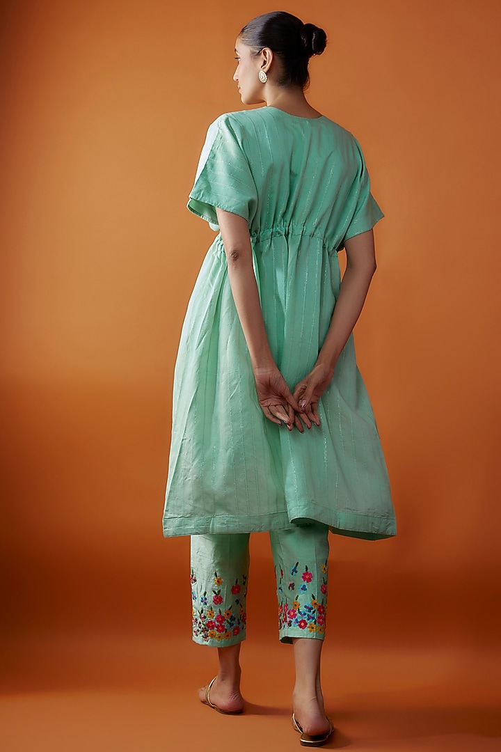 Mint Green Cotton Satin Floral Printed Kaftan Set by Kriti Bapna at Pernia's Pop Up Shop
