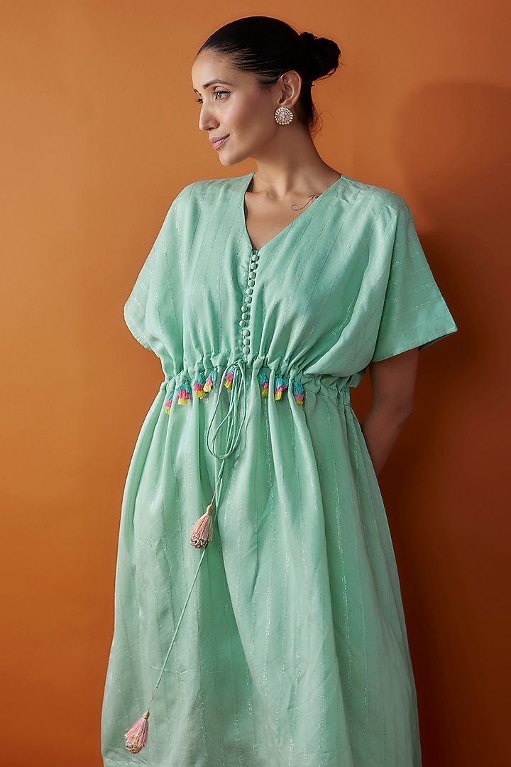 Mint Green Cotton Satin Floral Printed Kaftan Set by Kriti Bapna at Pernia's Pop Up Shop
