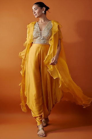 Mustard Silk Satin Dhoti Set by Kriti Bapna