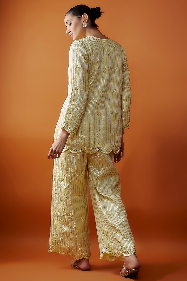 Yellow Satin Georgette Mirror & Gota Embroidered Kurta Set by Kriti Bapna at Pernia's Pop Up Shop