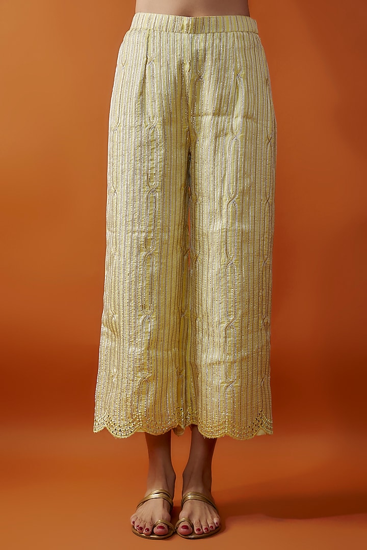 Yellow Satin Georgette Mirror & Gota Embroidered Kurta Set by Kriti Bapna at Pernia's Pop Up Shop