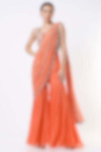 Orange Georgette & Raw Silk Mirror Embroidered Sharara Wedding Saree Set by Kresha Lulla at Pernia's Pop Up Shop