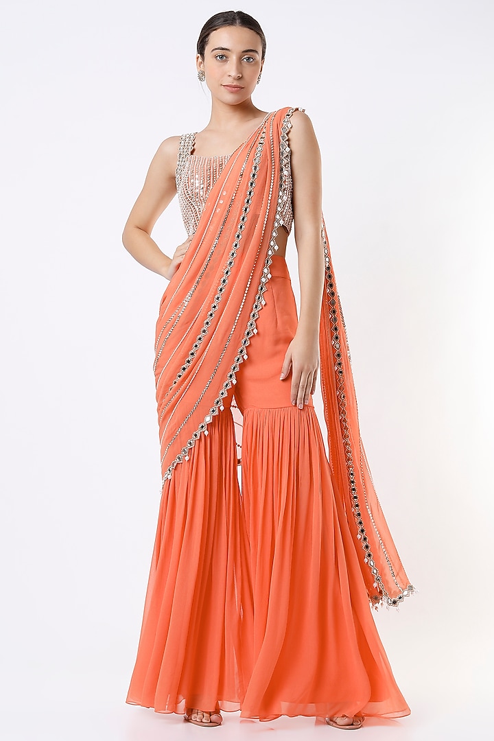 Orange Georgette & Raw Silk Mirror Embroidered Sharara Wedding Saree Set by Kresha Lulla at Pernia's Pop Up Shop