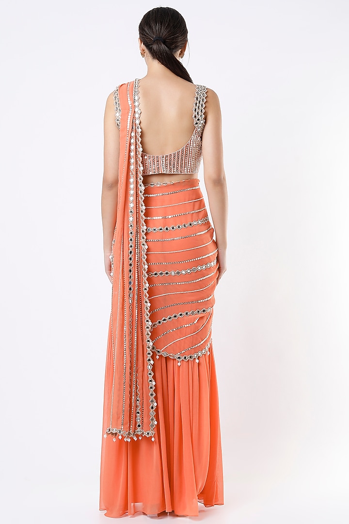 Orange Georgette & Raw Silk Mirror Embroidered Sharara Wedding Saree Set by Kresha Lulla at Pernia's Pop Up Shop
