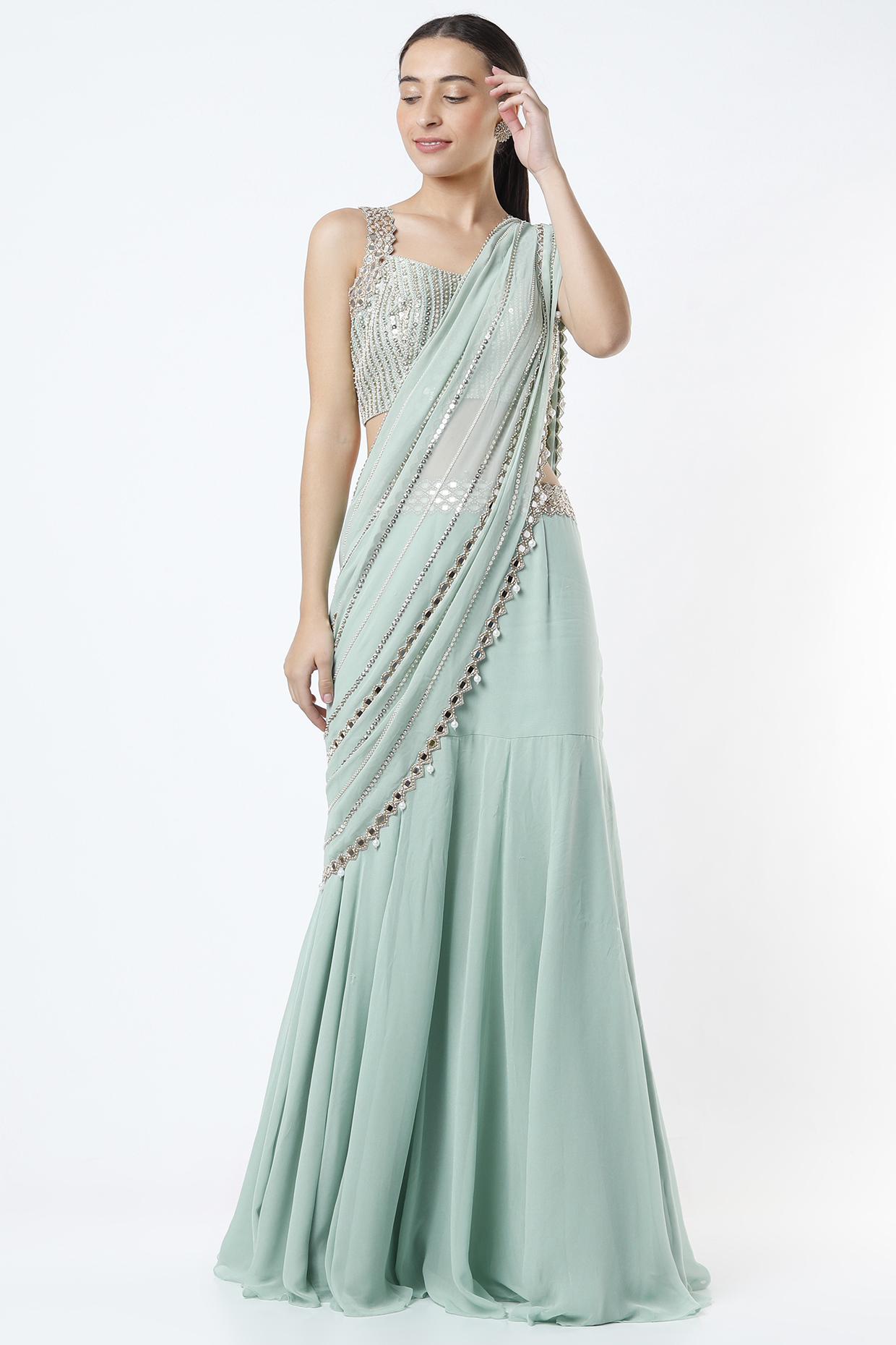 Mint Georgette Mirror Embroidered Skirt Wedding Saree Set by Kresha Lulla at Pernia's Pop Up Shop
