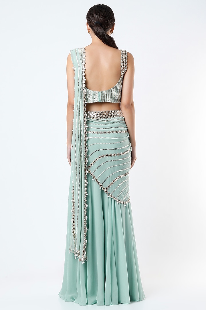 Mint Georgette Mirror Embroidered Skirt Wedding Saree Set by Kresha Lulla at Pernia's Pop Up Shop