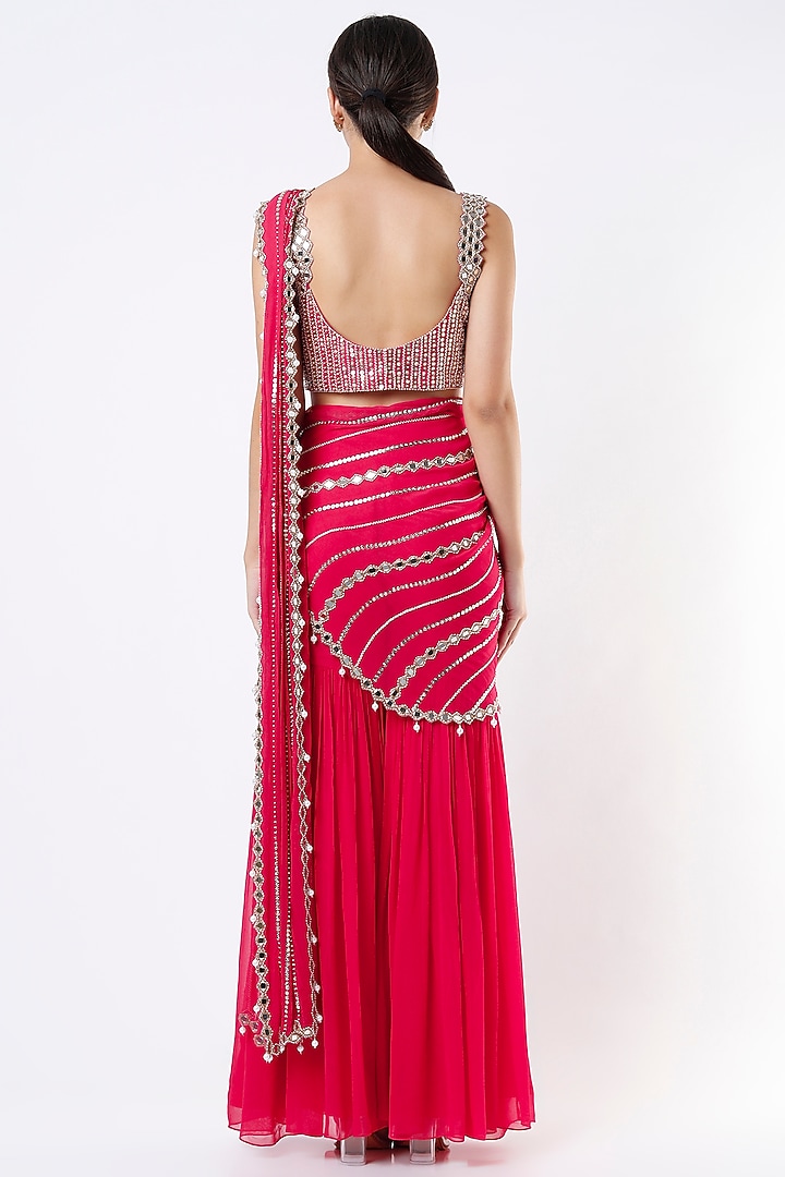 Fuchsia Georgette & Raw Silk Mirror Embroidered Sharara Wedding Saree Set by Kresha Lulla at Pernia's Pop Up Shop