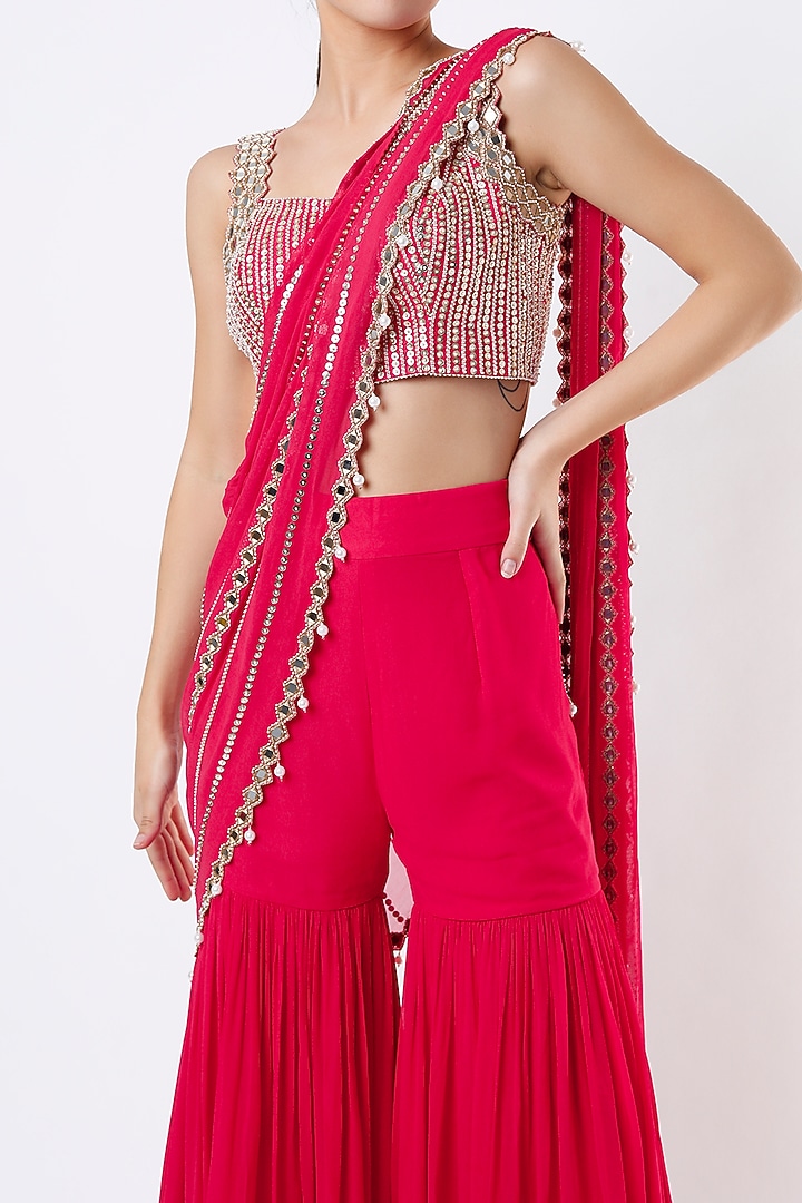Fuchsia Georgette & Raw Silk Mirror Embroidered Sharara Wedding Saree Set by Kresha Lulla at Pernia's Pop Up Shop